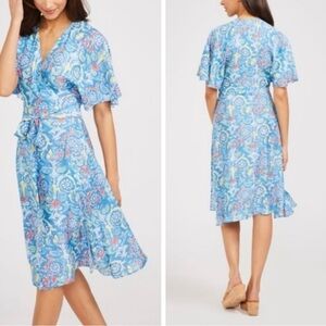 J. McLaughlin Sanibel Fan Bells Beach Nautical Wrap Dress Batwing Bat Sleeve S